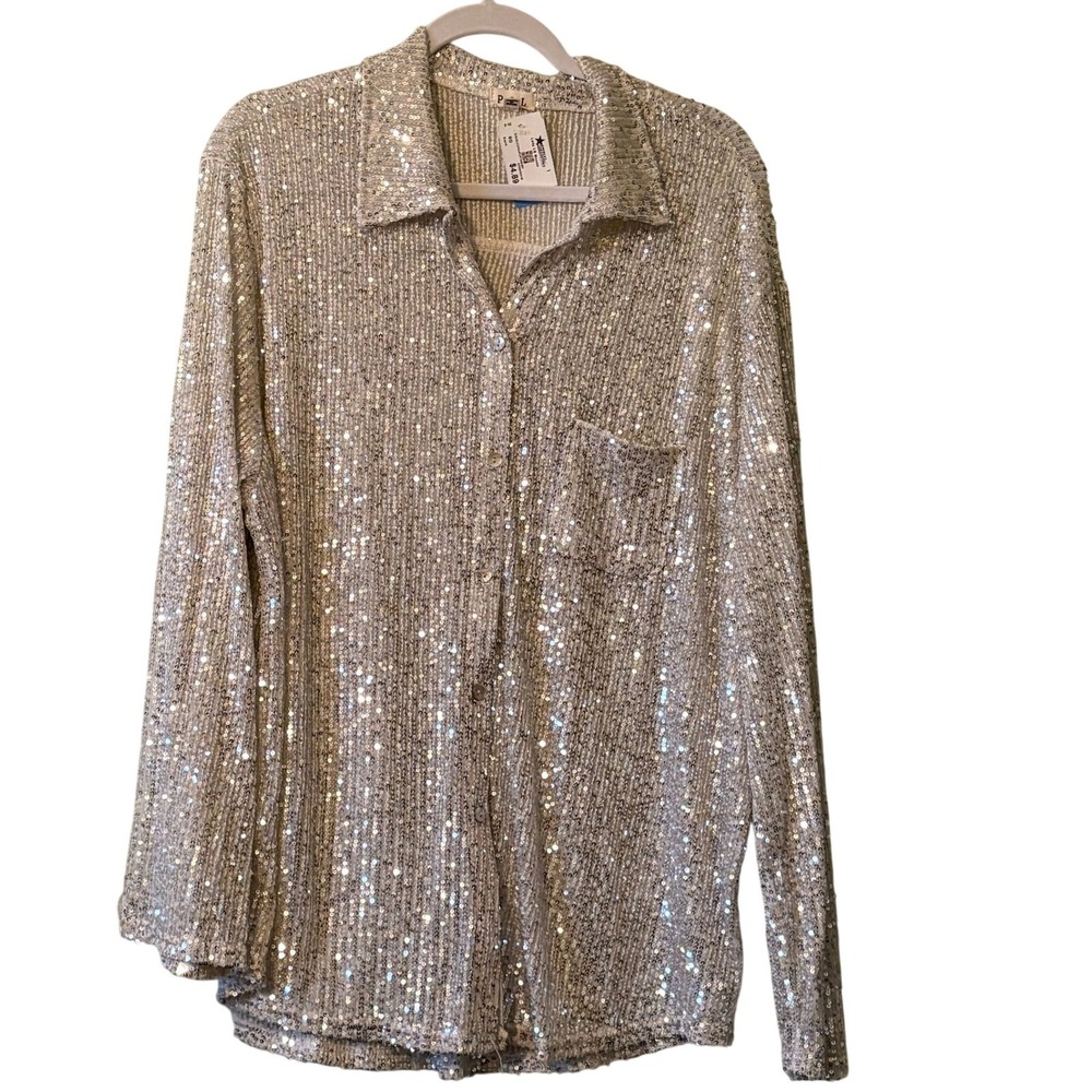 POL Silver Sequin Button Down Shirt Long Sleeve  Large